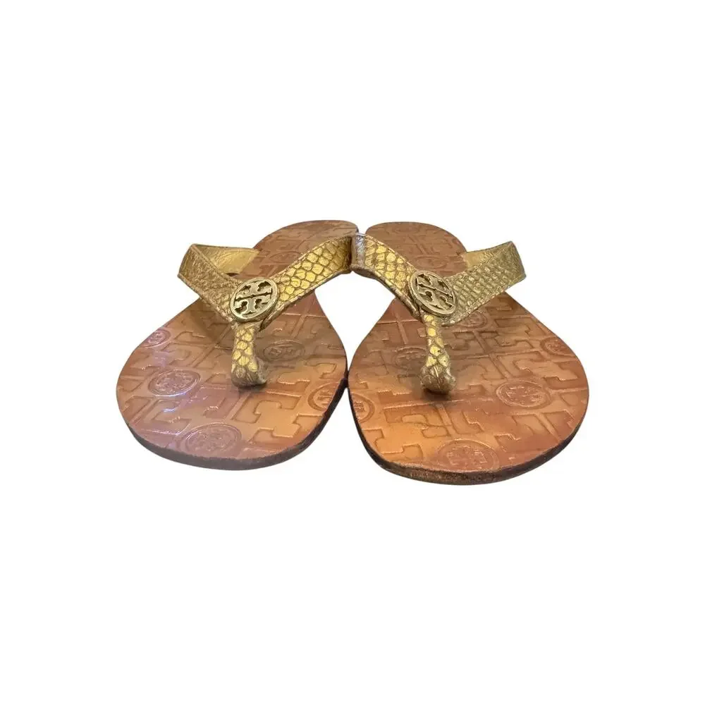 Tory Burch Thora 2 Metallic Tumbled Snake Print Gold Flip Flops 7